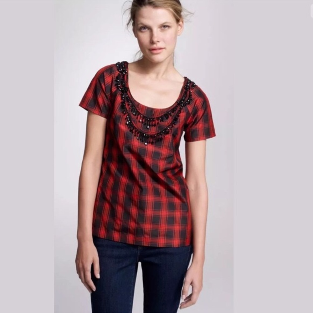 J. Crew Plaid Silk Taffeta T Shirt w/ Jet Necklace